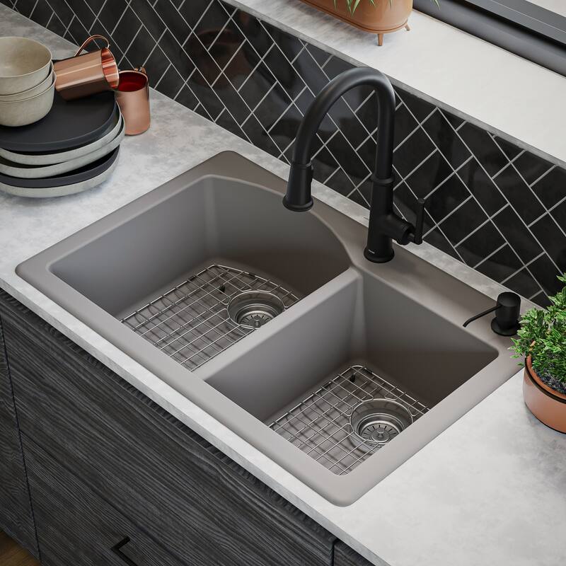 Karran Drop-In Quartz 33 in. 1-Hole 60/40 Double Bowl Kitchen Sink Kit