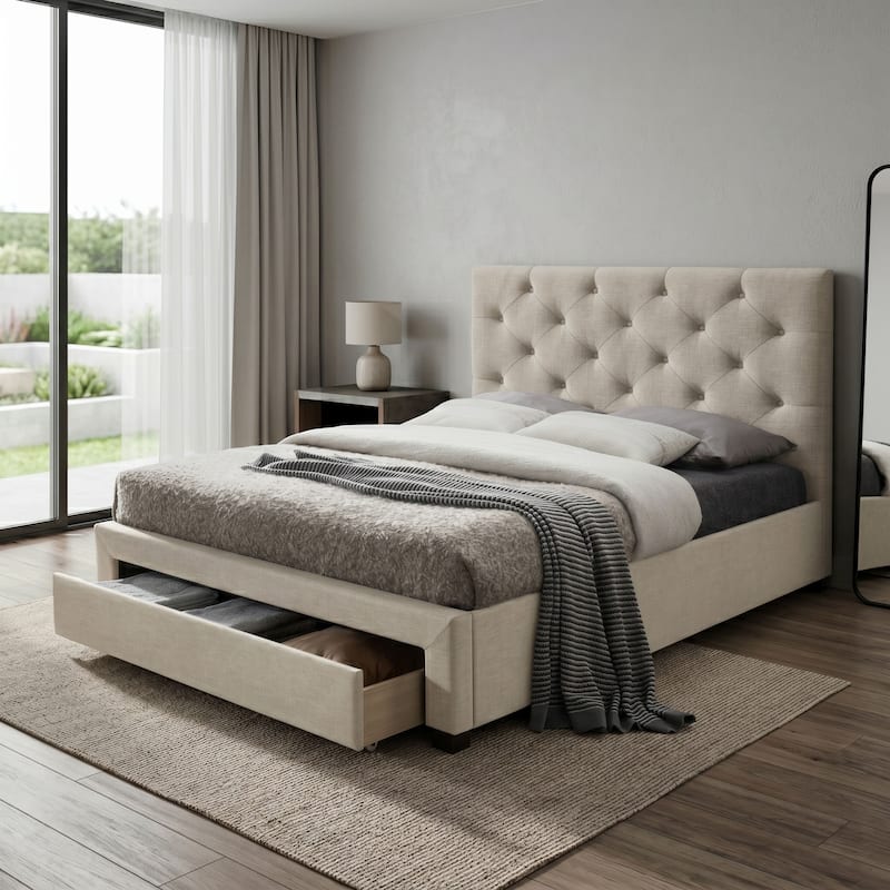 Furniture of America Malaer Modern Button Tufted 1-drawer Platform Bed - Beige - King