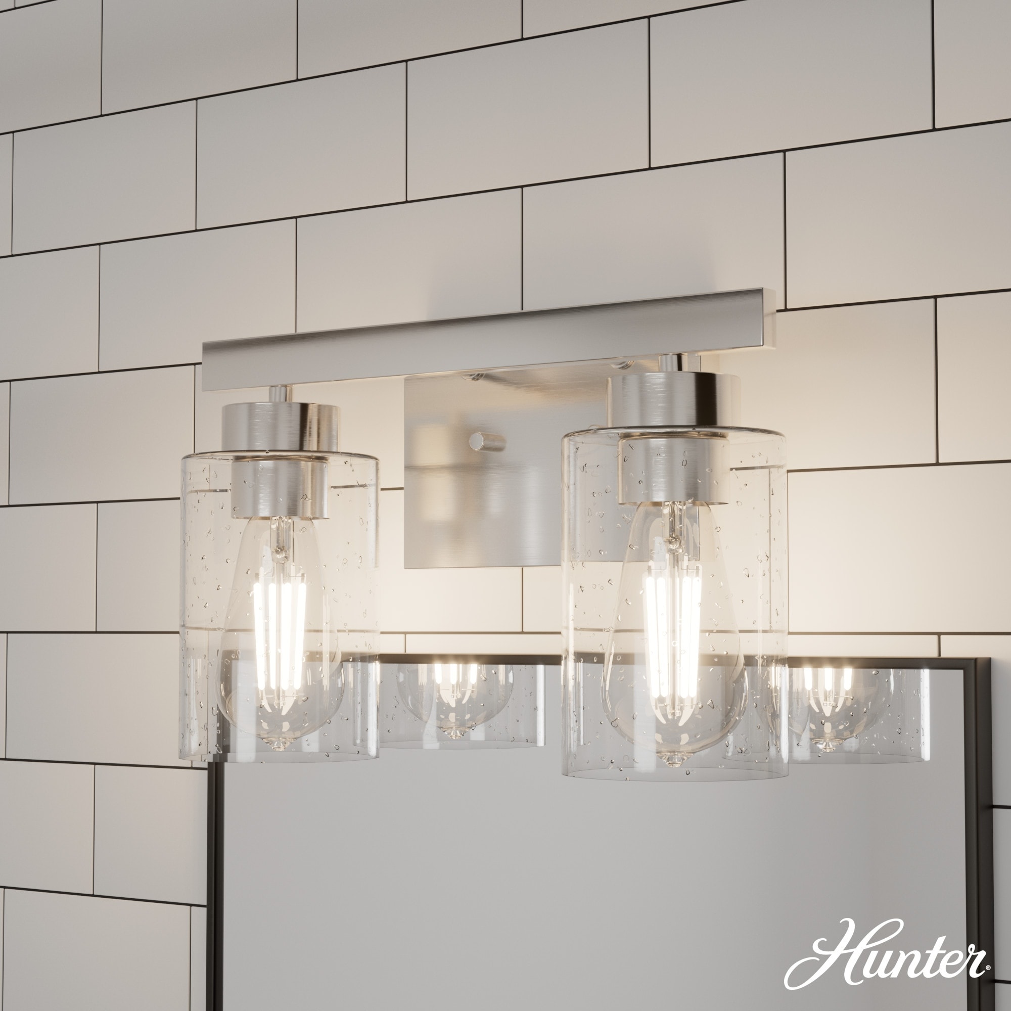 Hunter Hartland Bathroom Vanity Wall Light, Damp Rated - Transitional, Rustic, Contemporary - Clear Seeded Glass