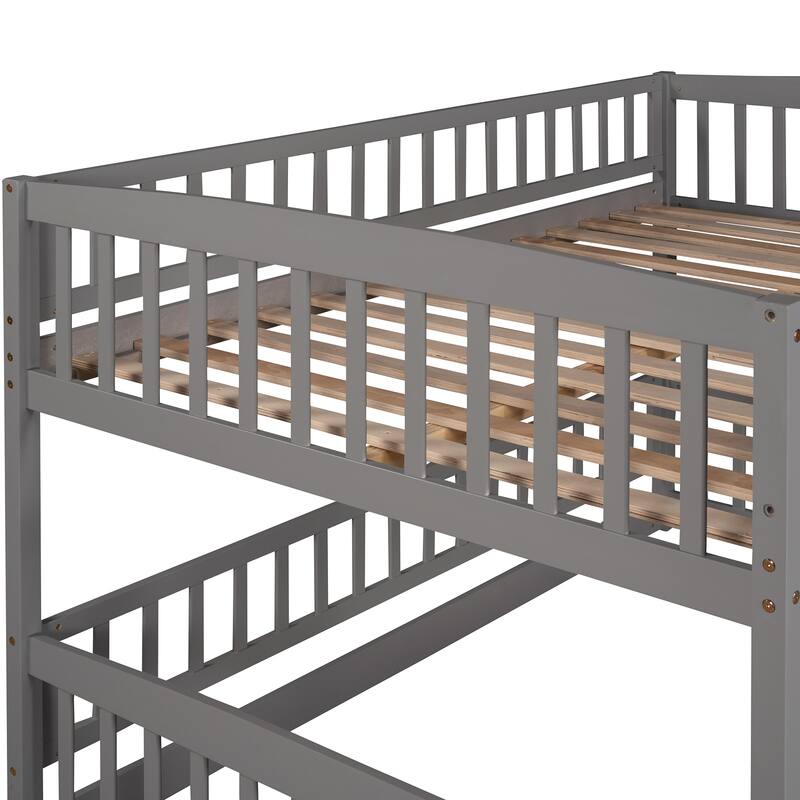 Full Over Full Low Bunk Bed with Slide, Fence, and Ladder for Kids and Teens