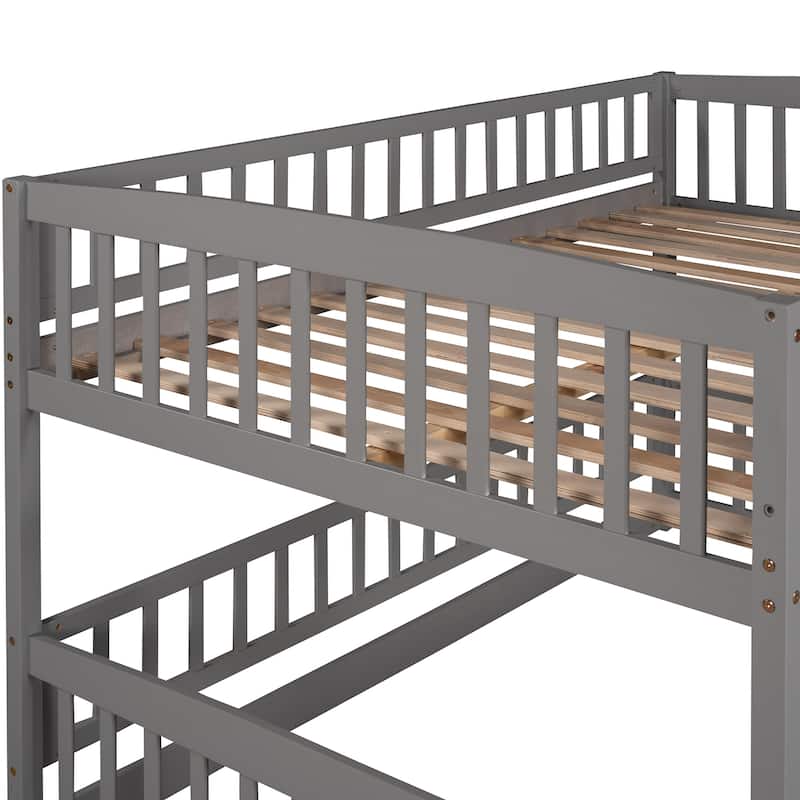 Solid Wood Low Bunk Bed with Slide,Fence and Ladder
