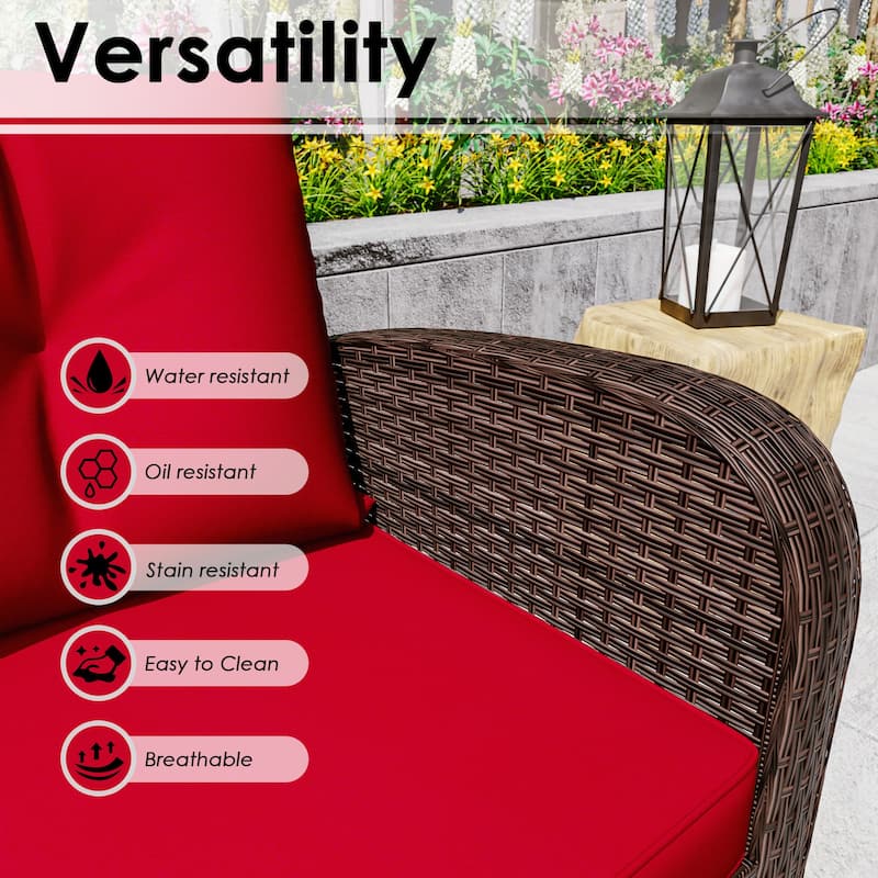 Cozywor 72"Wide 3-Seat Brown Wicker Outdoor Sofa, Couch Patio Sofa with Deep Seating and Thick Cushions, Red