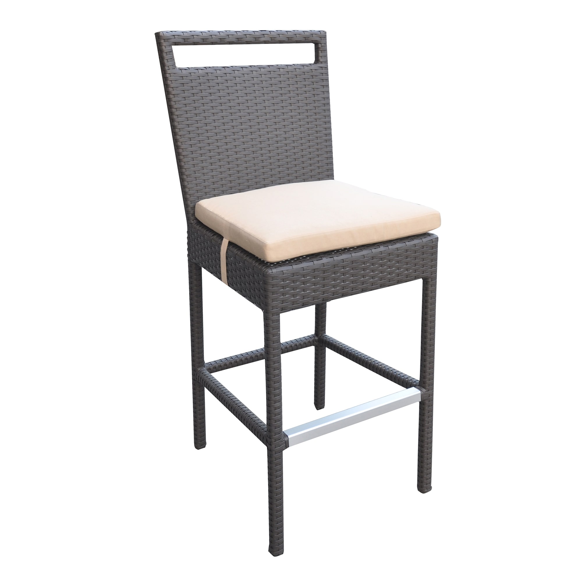 Outdoor Patio Wicker Barstool with Water Resistant Beige Fabric Cushions