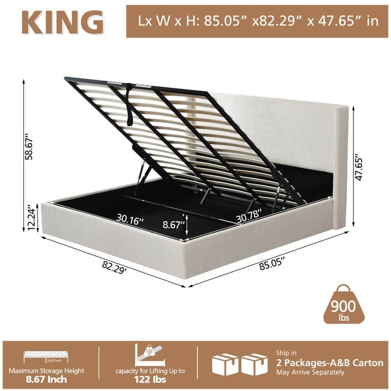 Lift Up Storage Platform Bed with Minimalist Headboard - White - King