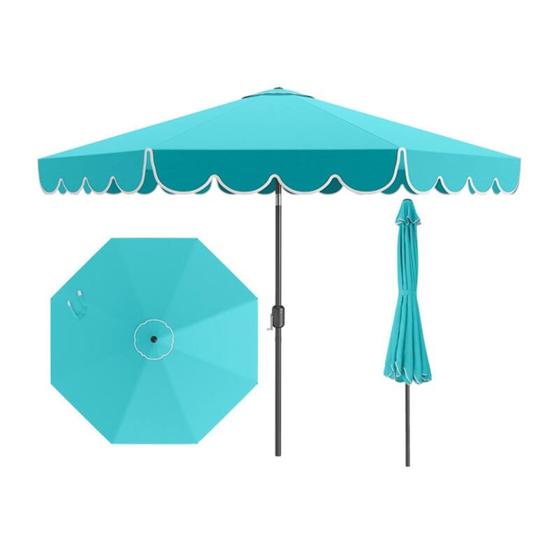 Premium 10 Ft Patio Umbrella with Crank Auto Tilt and Ruffled Edges Sun Protection Waterproof Polyester Canopy - 10 x 8.2 ft - Turquoise