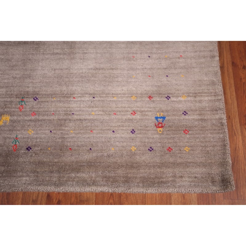 Striped Brown Gabbeh Oriental Area Rug Hand-Knotted Wool Carpet - 8'2" X 9'2"