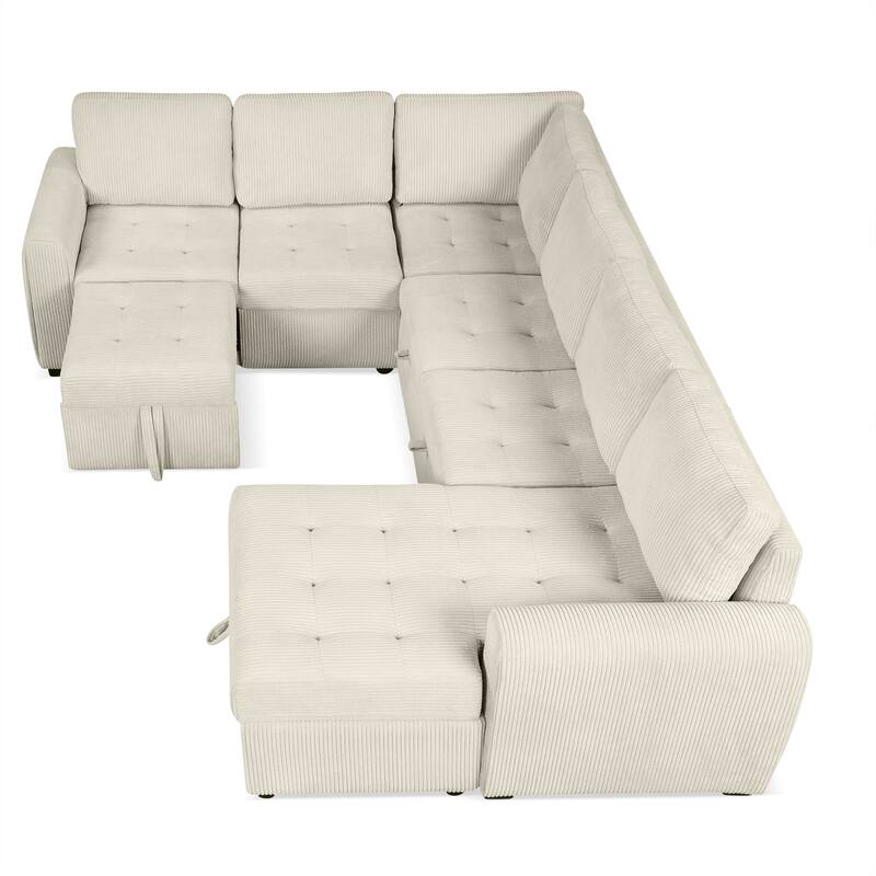 107.5" U-Shaped Corduroy Sectional Sofa with Pull-Out Bed, Storage Chaise, USB Ports and Power Sockets (5-Seater)