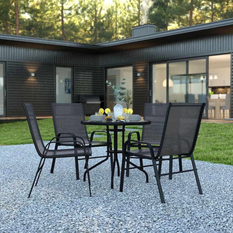 5 Piece Patio Dining Set - Glass Table, 4 Flex Stack Chairs - Black