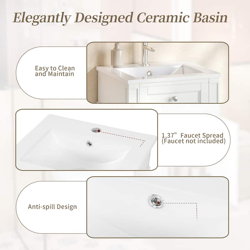 18" Freestanding Single Bathroom Vanity with Ceramic Sink, French Style Cabinet with Soft Close Door