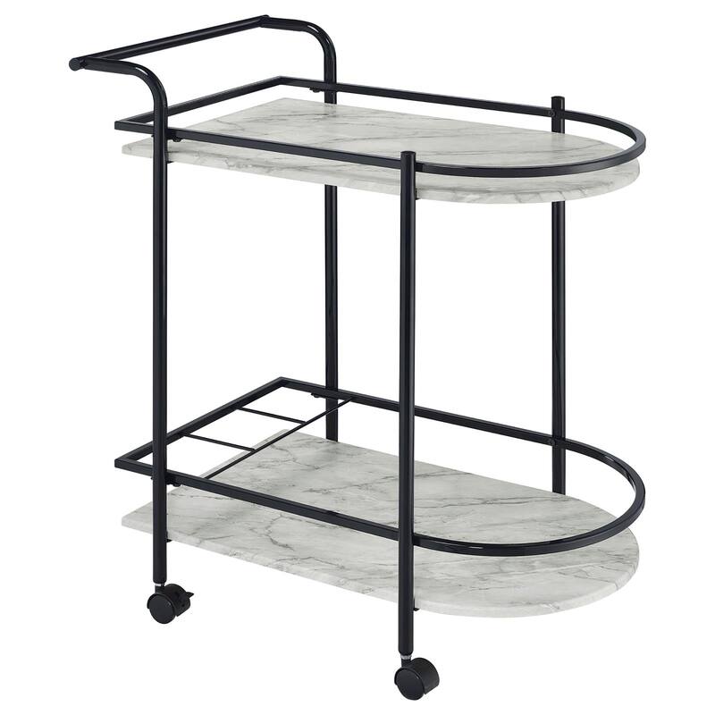 Black and Faux White Marble Serving cart with Wine Rack - Black