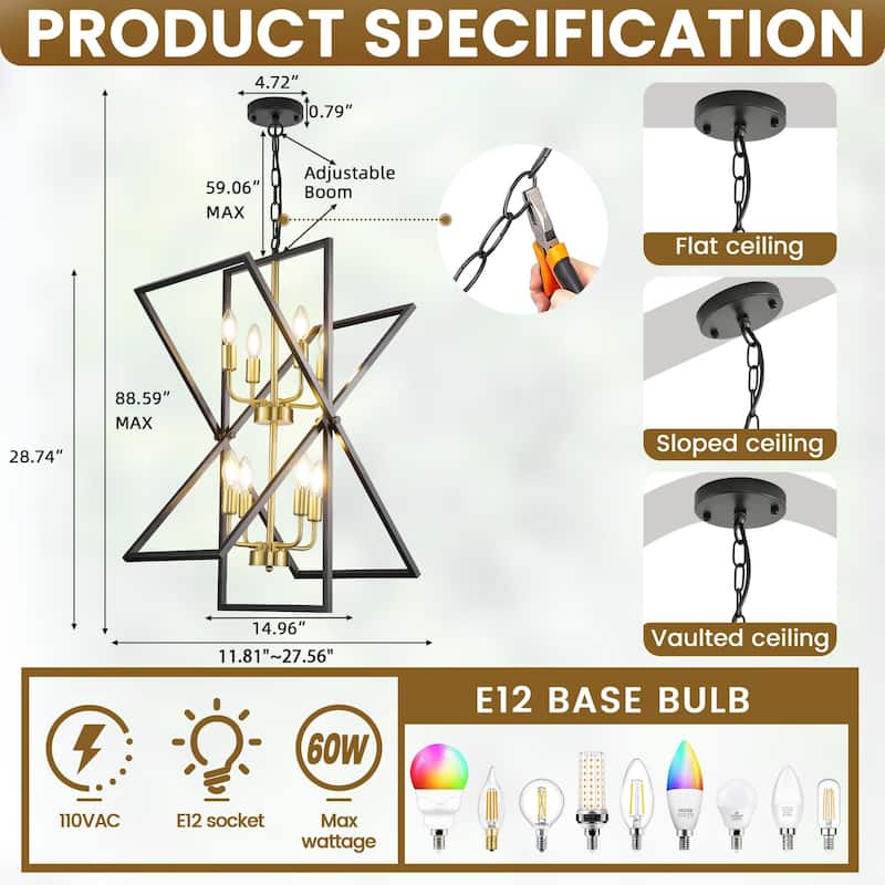 8-light Farmhouse Rustic Chandelier, Rotation Chandelier Fixture - 24 Inch