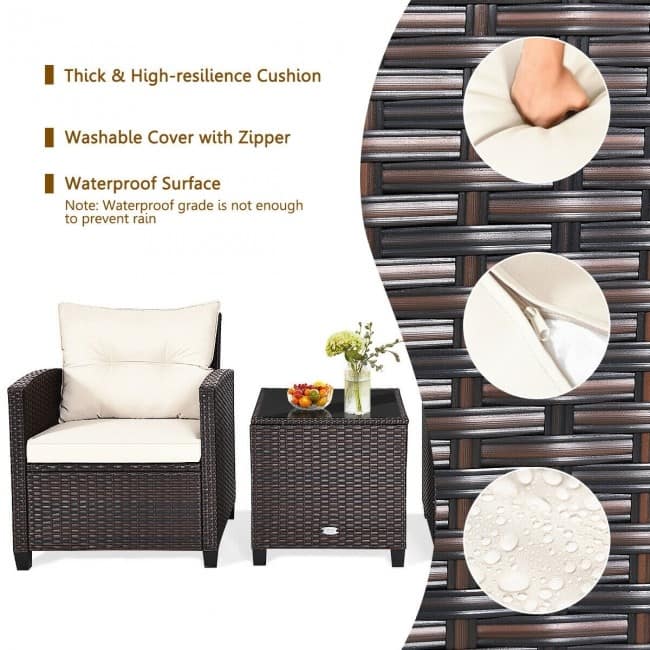 3 Pieces Rattan Patio Furniture Set with Washable Cushion - Chair: 26.5" x 26.5" x 30"