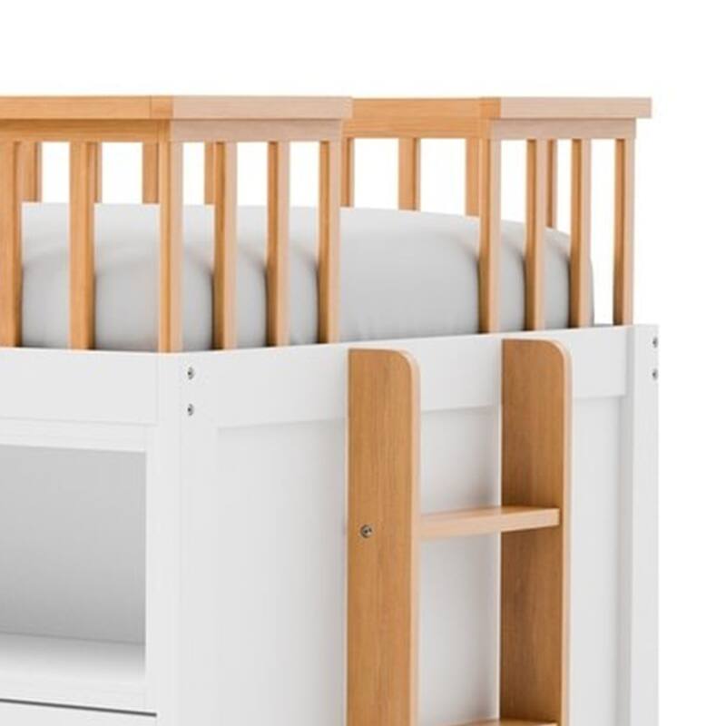 Lexo Twin Bookcase Bunk Bed w Trundle and Ladder, White & Natural Oak