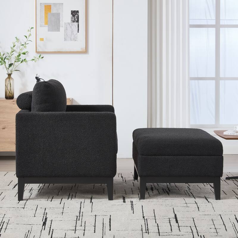 Upholstered Wood Base Square Accent Arm Chair with Ottoman