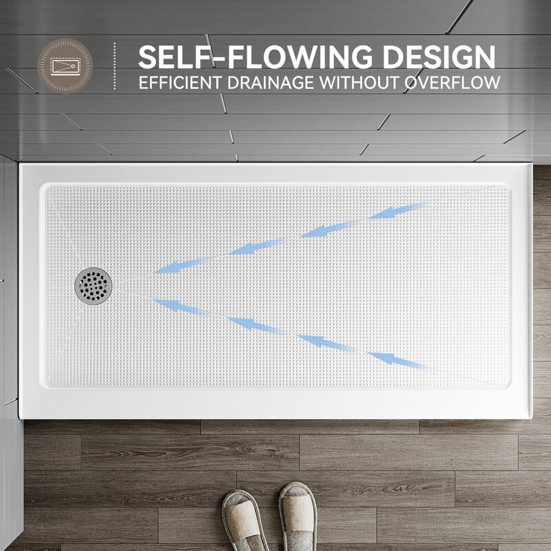 HOROW 60 x 30 Inch Alcove Shower Pan Base in High Gloss White with Wide Threshold Design - Left Drain Location