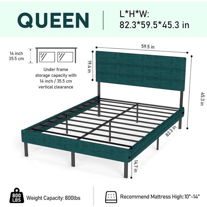 Linen Upholstered Bed Frame Metal Platform Bed Frame with Headboard and 14" Underbed Storage, Metal Slats Support, Noise-Free