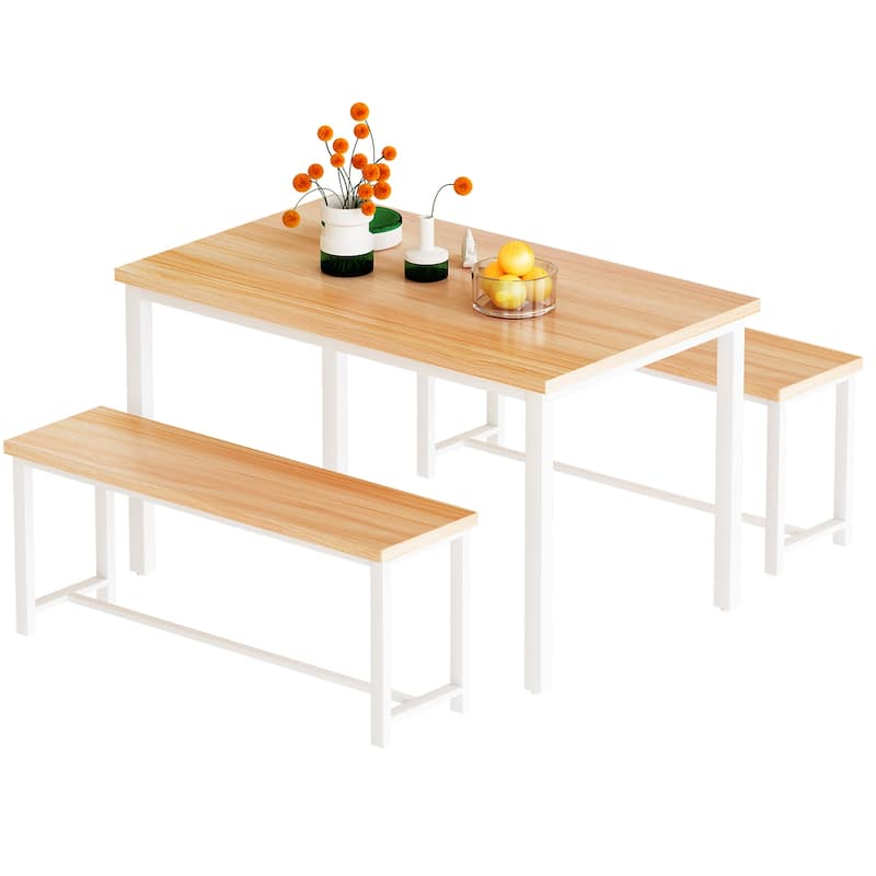 Dining Table Set with Two Benches, Kitchen Table Set for 4 Persons