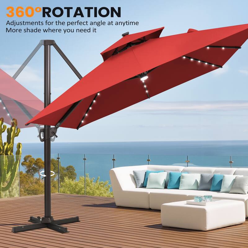 VredHom 9x11 FT Daul Top Rectangular Outdoor Patio Cantilever Umbrella Solar LED Lighted with Rod Base