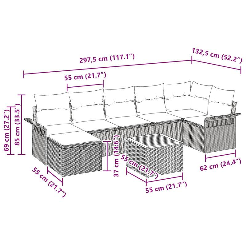 vidaXL 8 Garden Sofa Set with Cushions Black/Grey Poly Rattan - 117.1 x 52.2 x 27.2
