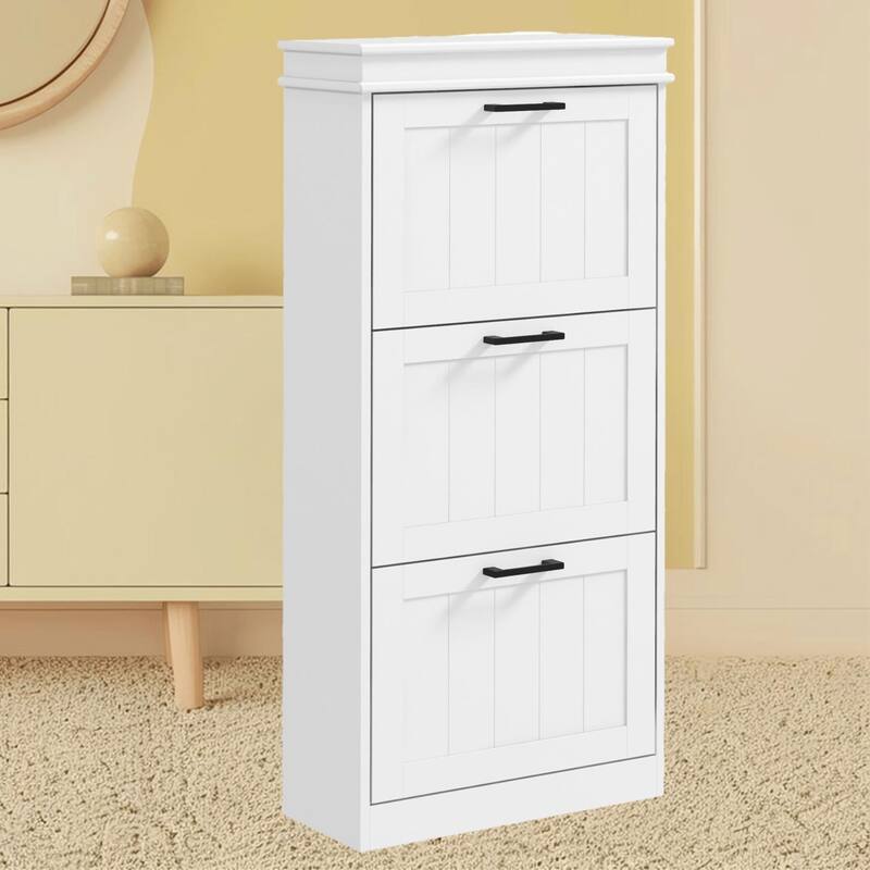 Compact Shoe Storage Rack Cabinet with 3 Flip Doors, Adjustable Shelves, Holds 15 Pairs of Shoes, Entryway, Porch Organizer - White