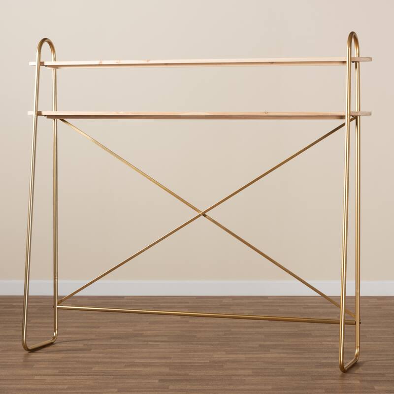 Merida Gold Metal and Brown Wood 2-Tier Over Bed Queen Size Shelf