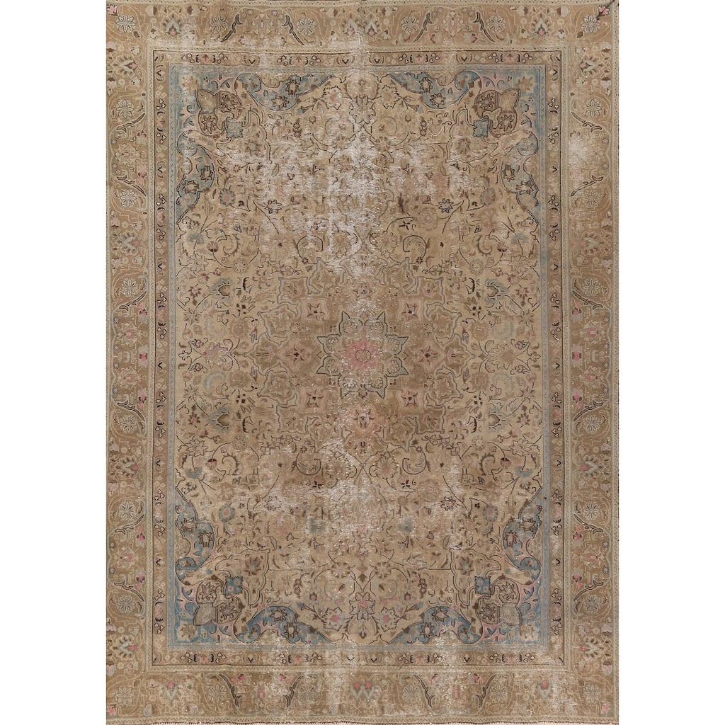 Hand Knotted Oriental 100% Wool Carpet Traditional Floral Brown Tabriz Area Rug - 11' 10'' X 8' 10''