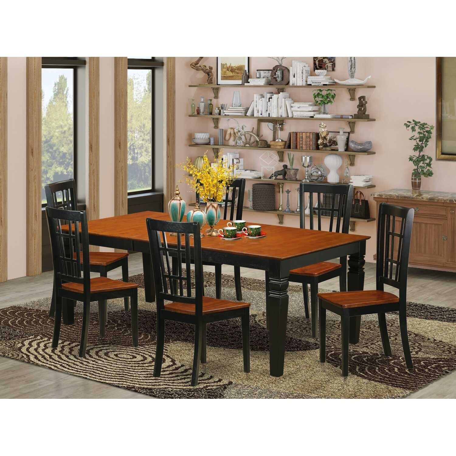 Modern Dining Set 7 Piece - Rectangle Table with Leaf & 6 Chairs - Black Cherry Finish - Kitchen Set