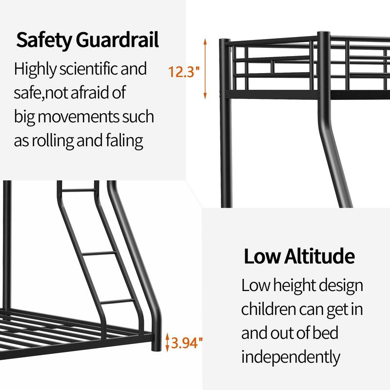 Twin Over Full Metal Bunk Bed with Ladder & Guardrail, Heavy Duty, Noise-Free Design for Teens & Adults