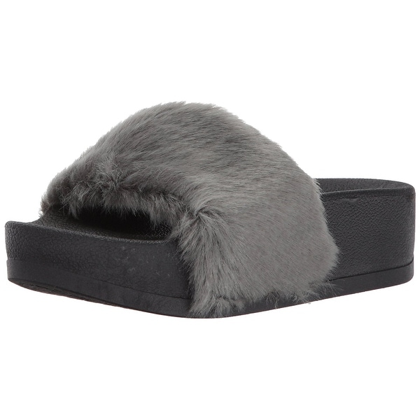Steve Madden Womens Softey-P Faux Fur Open Toe Casual Platform Sandals