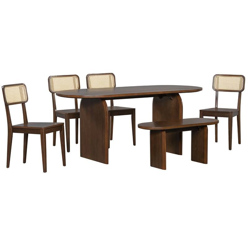 Oval Dining Table Set for 6 with Rattan Backrest Chair, 6-Piece Mid Century Modern Farmhouse Table with Chairs and Bench