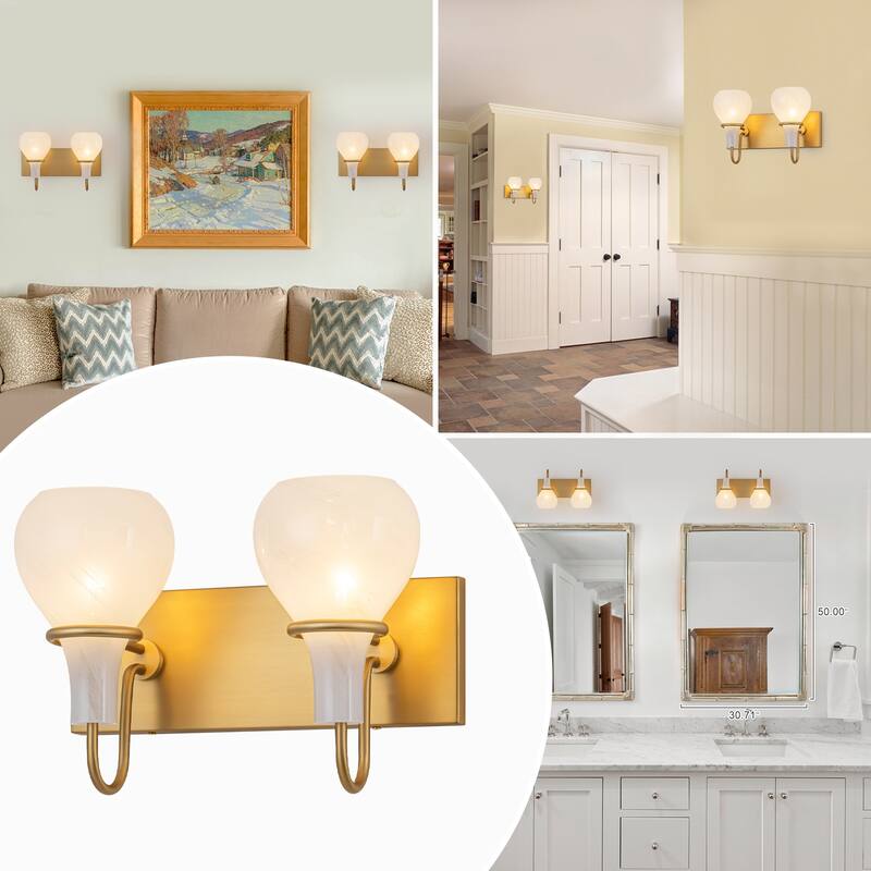 Modern Gold Vanity Light with Clouded Glass Bulb-Vase Shades Bathroom
