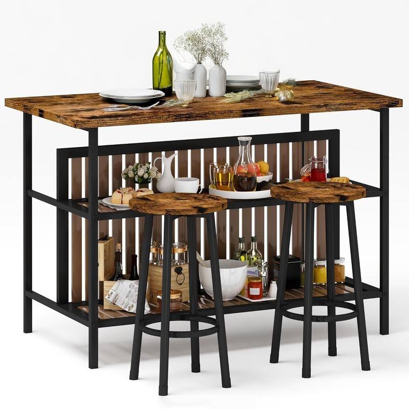 Grondin Mid-Century Modern 3-Piece Faux Marble Top Kitchen Island Set with 2 Stools and Shelves