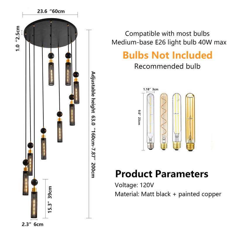9-Light Black & Gold Industrial Chandelier - Adjustable Grid Cylinder