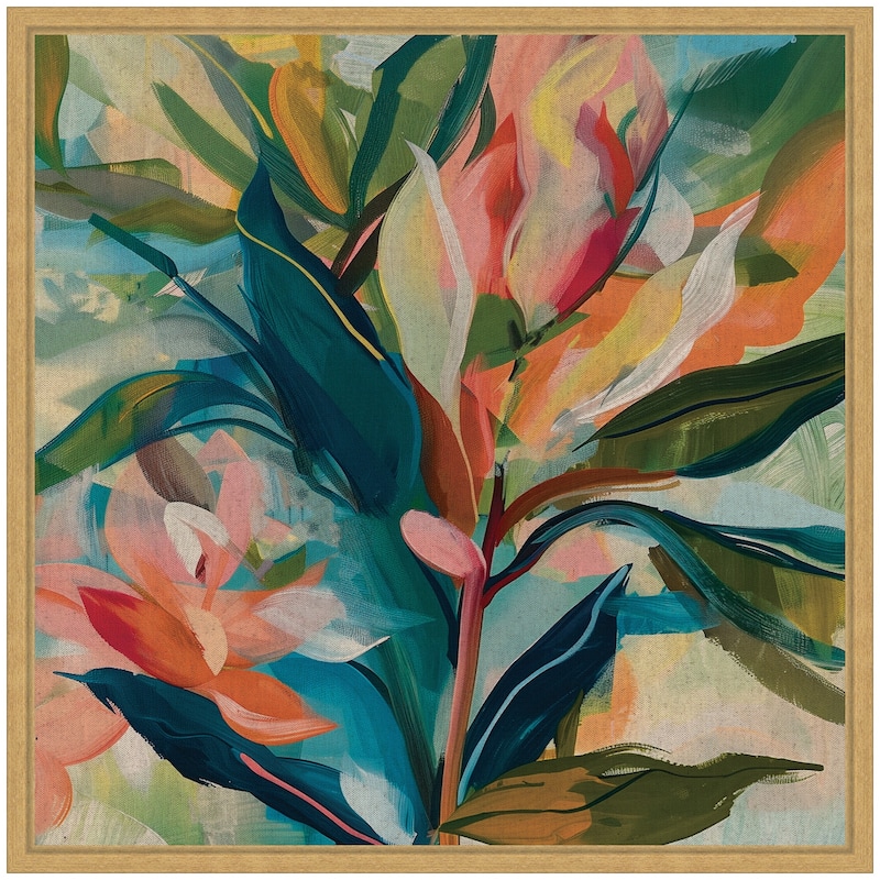 Kate and Laurel Sylvie Colorful Tropic Botanical Abstract Neutral Linen Framed Canvas by The Creative Bunch Studio