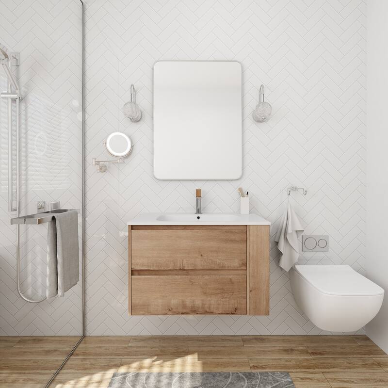 30 Inch Wall Mounted Plywood Bathroom Vanity Set with Integrated Resin Basin and Drawer - 30" X 19" - Textured - Imitative Oak
