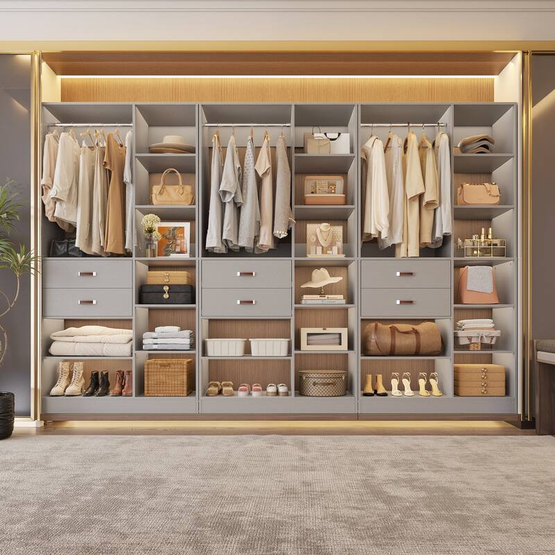 40'' Large Closet System with 10 Shelves and 2 Drawers, Freestanding Closet Organizer with Hanging Rods - 3pcs - Grey