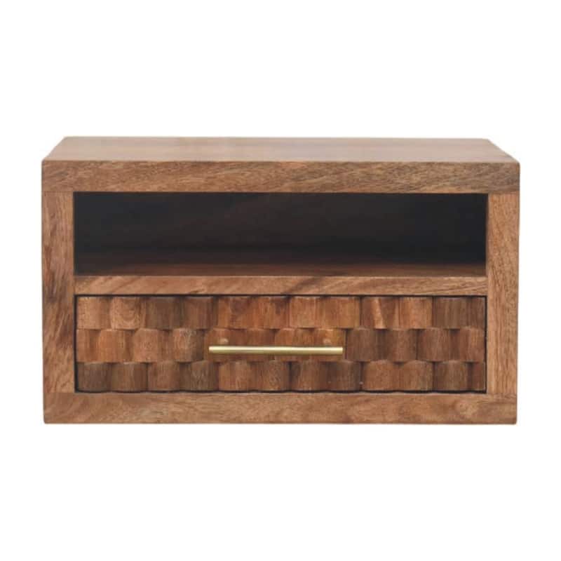 Solid Wood Arno Wall-Mounted Nightstand in Golden Teak,Brown,1-Shelf,1-Drawer