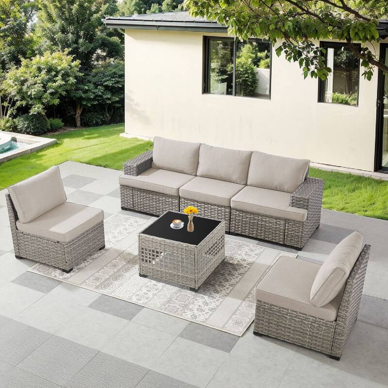 Pocassy Wicker Rattan Outdoor Sectional Sofa Patio Conversation Set - Beige Cushion - Combination 3 - Sofa with Coffee Table