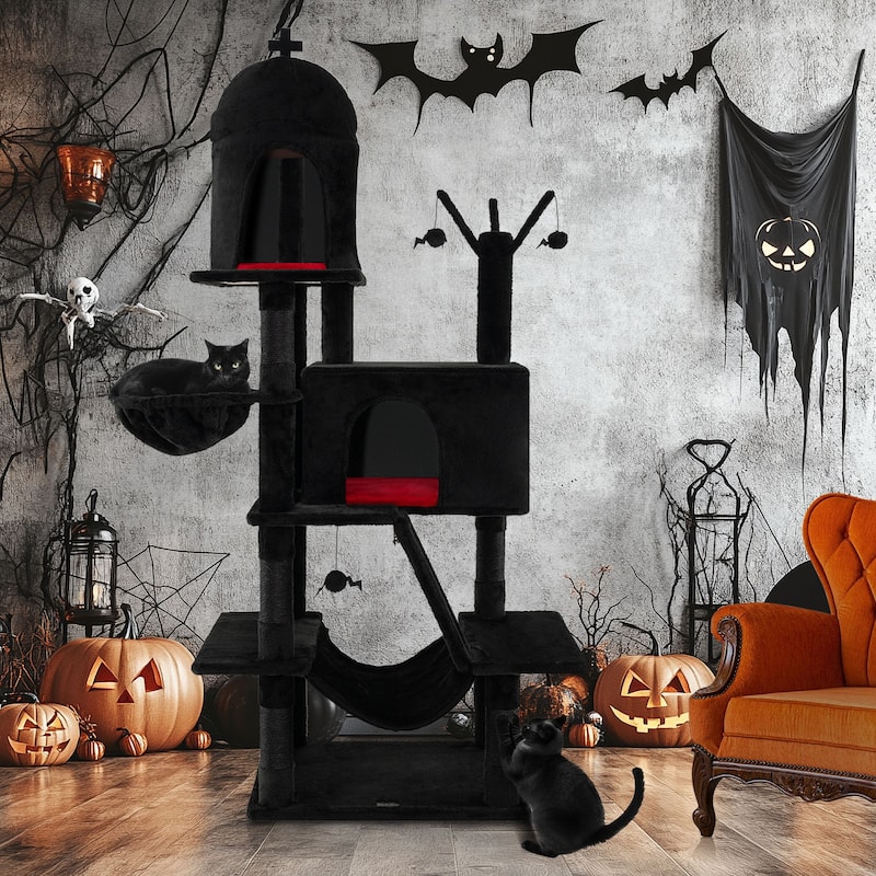Gothic Cat Tree with 2 Cat Condos and Spooky Dangling Ball for Indoor Cats in Black - 24" x 19.5" x 67"