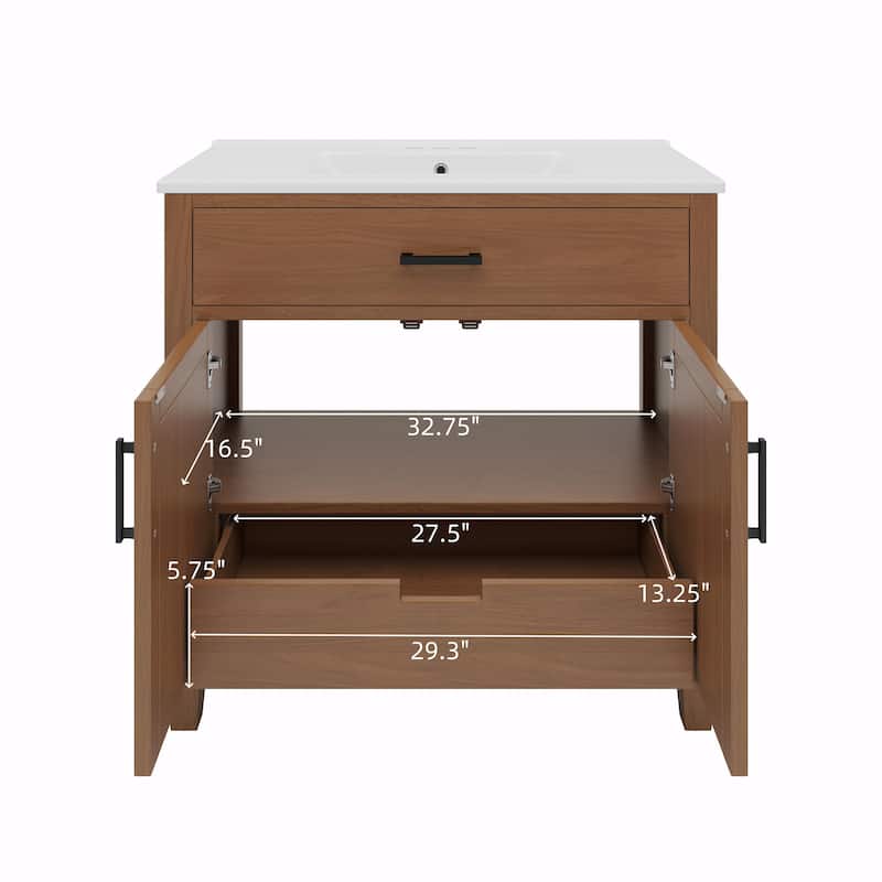 36" Rattan Bathroom Vanity with Ceramic Sink, Modern Bathroom Sink Cabinet with 2 Soft Close Doors and 3 Drawers
