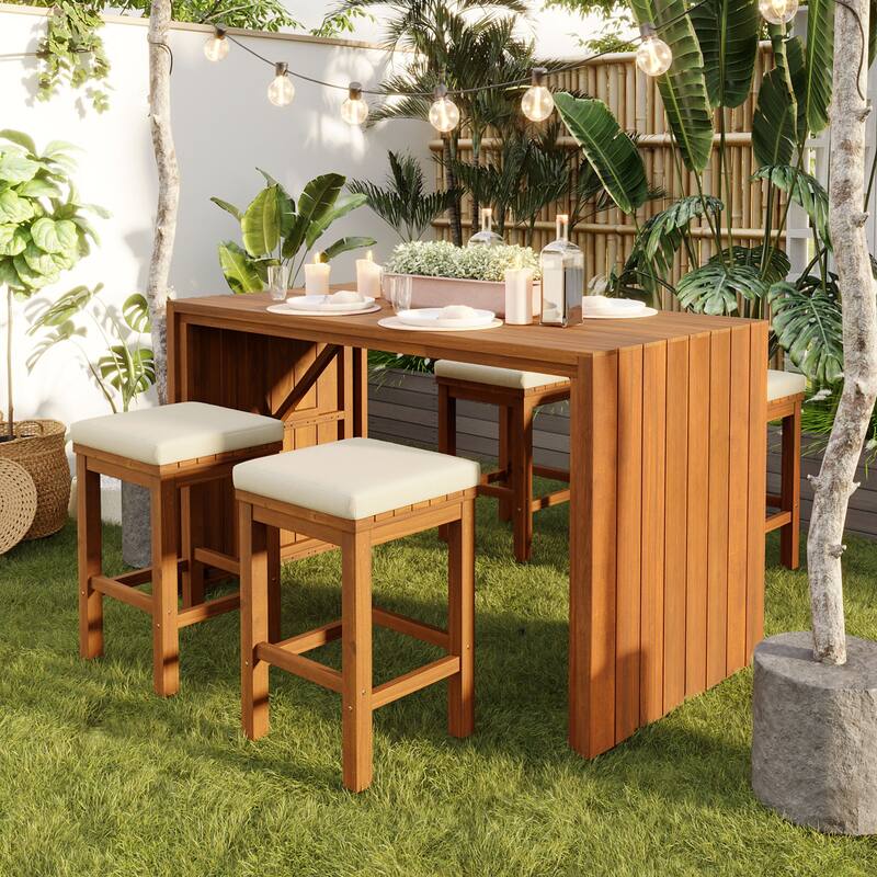 5-Piece Outdoor Patio Acacia Wood Bar Dining Set with 4 Cushioned Stools