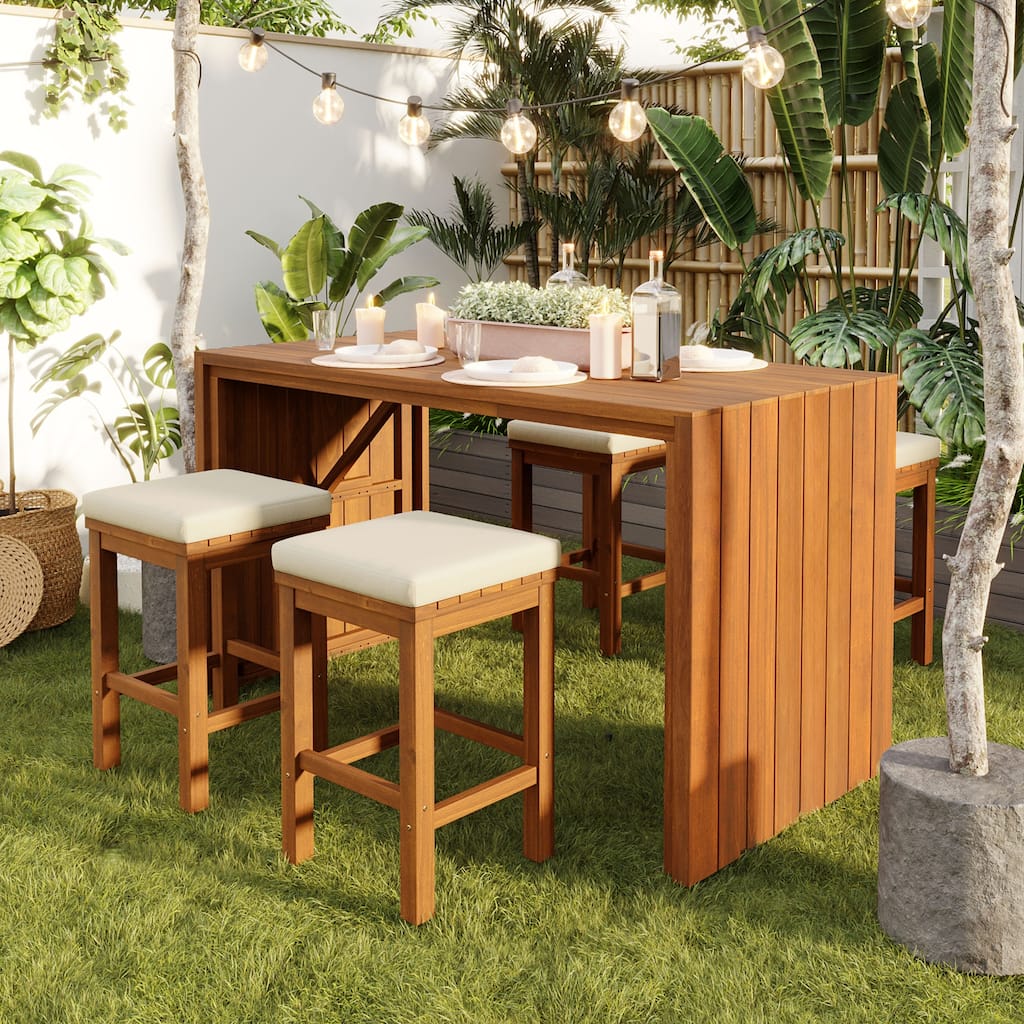 Roomfitters 5 Piece Outdoor Bar Set with High Top Dining Table and 4 Cushioned Backless Stools, Patio Furniture, Beige+Natural