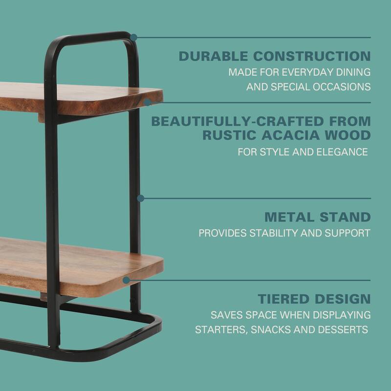 Gibson Home Gracious Dining 2-Tier Wooden Serving Tray with Metal Frame - Acacia Wood - 14.29" x 7.08" x 12.52"
