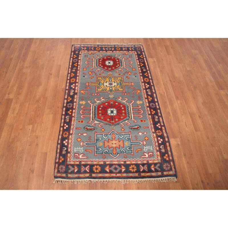 Hand Knotted Oriental 100% Wool Carpet Traditional Geometric Navy Blue & Blues Kazak Area Rug - 5' 1'' X 2' 11''