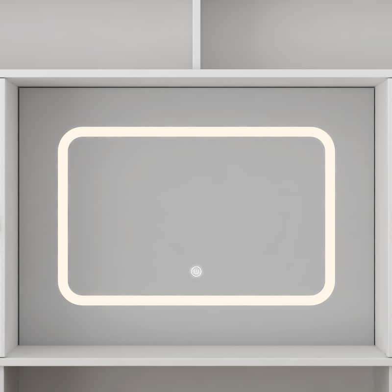 Roomfitters 42" Makeup Vanity with LED Lighted Mirror, Fluted White & Walnut Dressing Table, 3 Drawers, Hair Dryer Holder