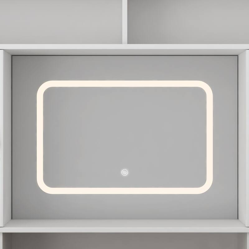 Vanity Desk with Control Lighting Mirror, 3 Lighting Color Adjustable, Dressing Table with Hair Dryer Holder, Drawer & Shelves