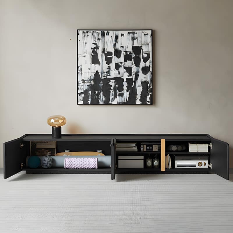 78.74" Modern TV Stands, Black Wood Texture, with 4 Large Cabinets for Storage