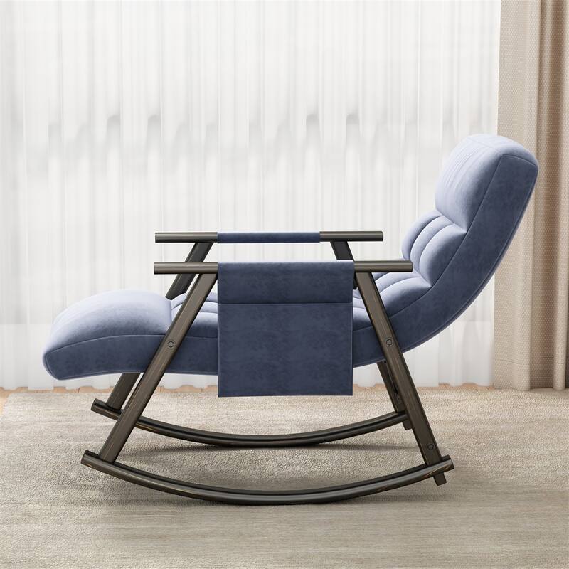 Folding Rocking Upholstered Chair with Adjustable Back and Footrest - Blue