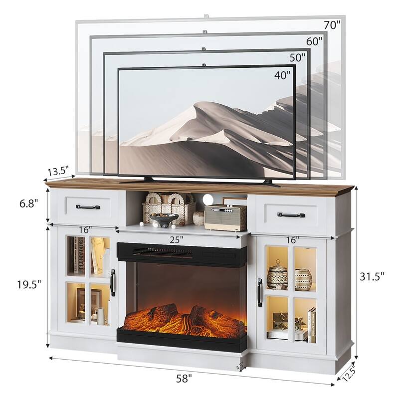 Farmhouse 58'' TV Stand For Tvs Up To 70'' With Electric Fireplace and Adjustable Shelves with Glass Door