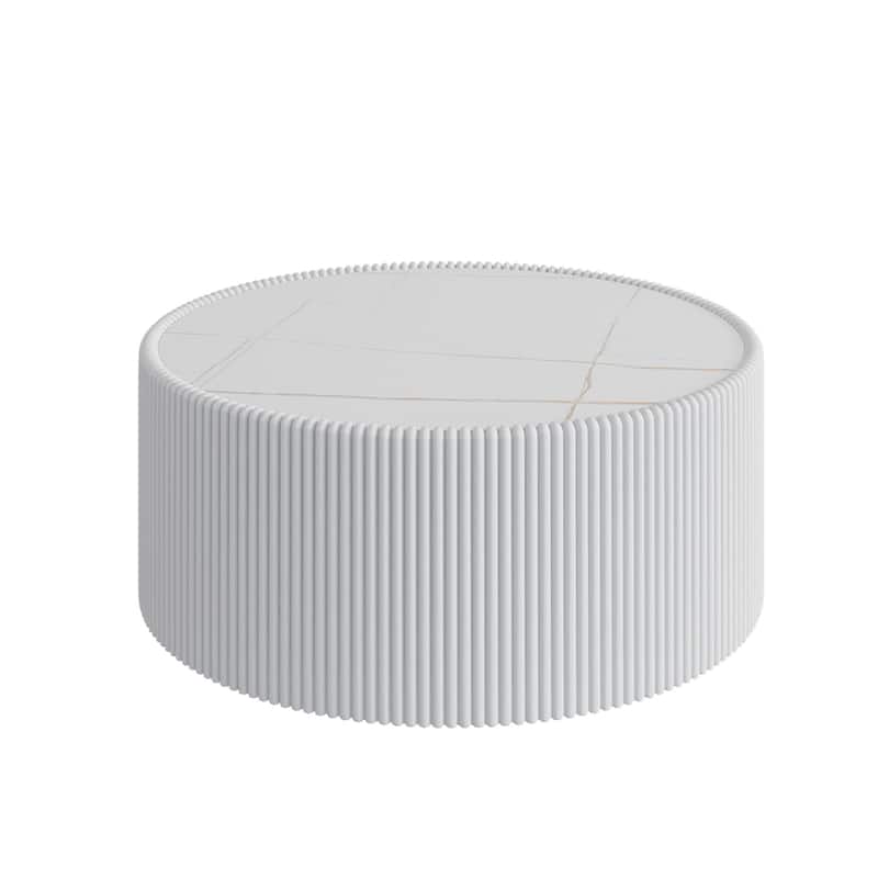 GDFStudio - Modern Sintered Stone Top Round Coffee Table with PU Leather Wrapped Cylinder Base